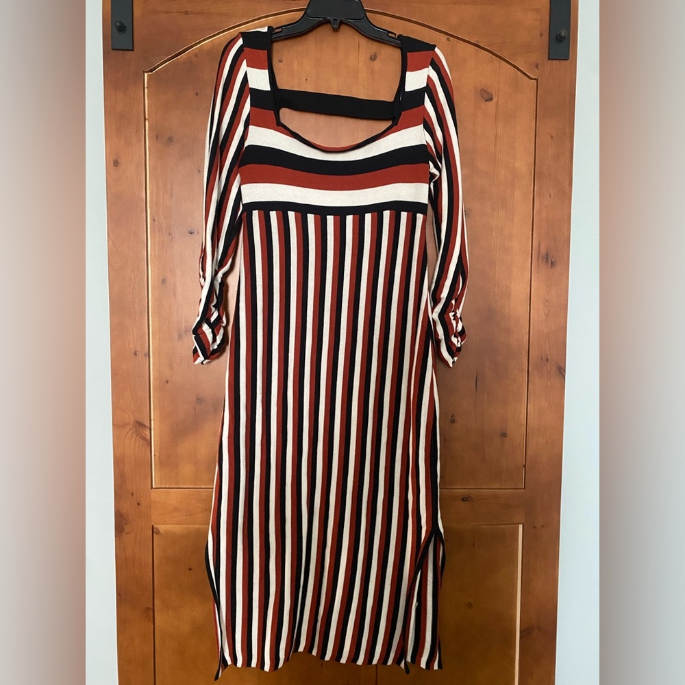 Maeve Dress Womens Med Multicolor Stripe Knit Square Neck Midi Sweater Bodycon